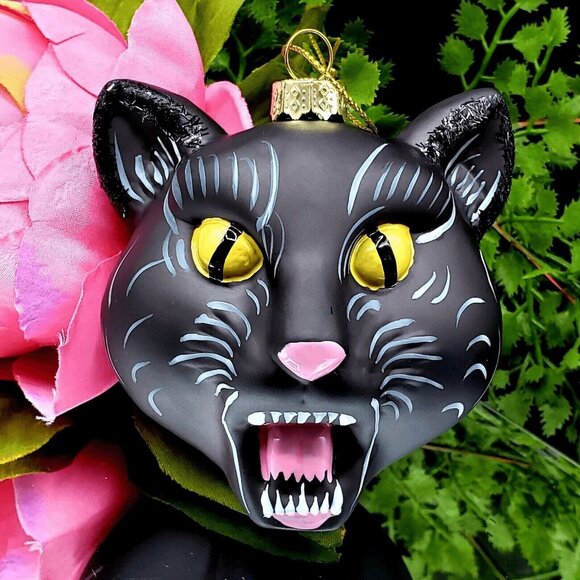 Halloween Black Cat Glass Ornament Gothmas Tree Scardy Cat Hissing Cat Ornament - Picture 2 of 10
